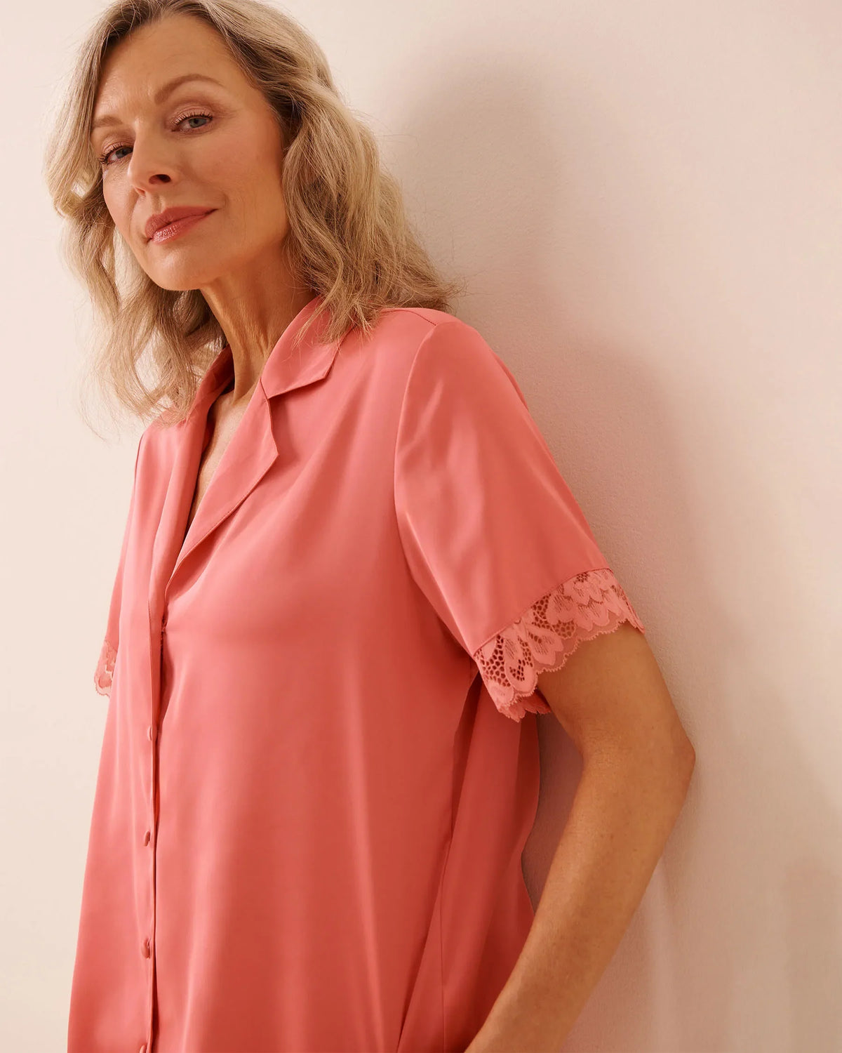LUXURY EDITION Lace Trim Satin Button-down Shirt