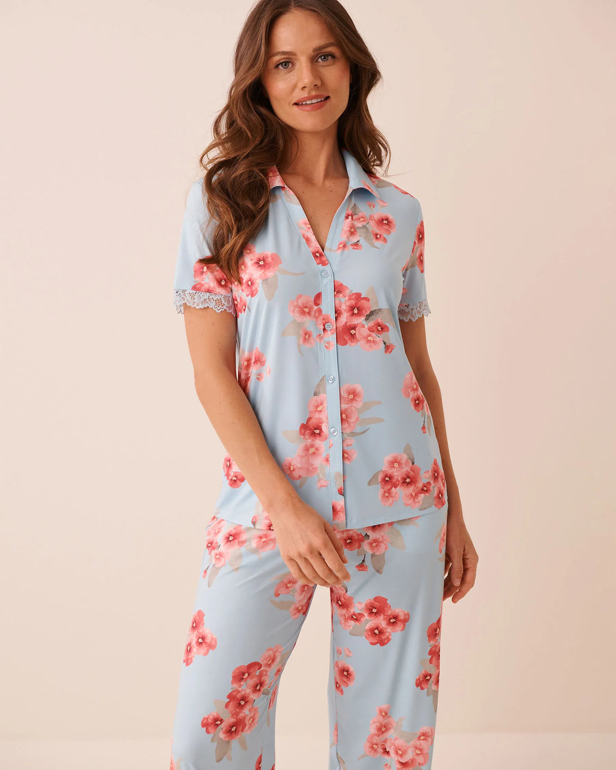 Spring Blossom Print Lace Trim Button-down Shirt