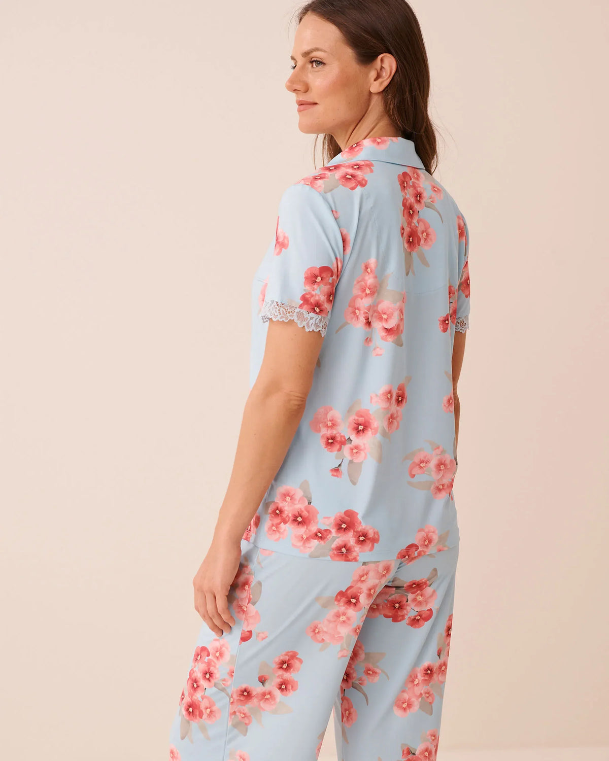 Spring Blossom Print Lace Trim Button-down Shirt