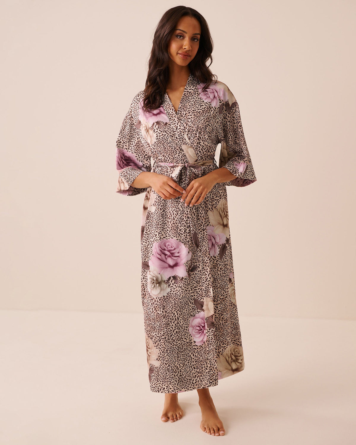 Luxury Edition Floral Leopard Print Satin Long Kimono