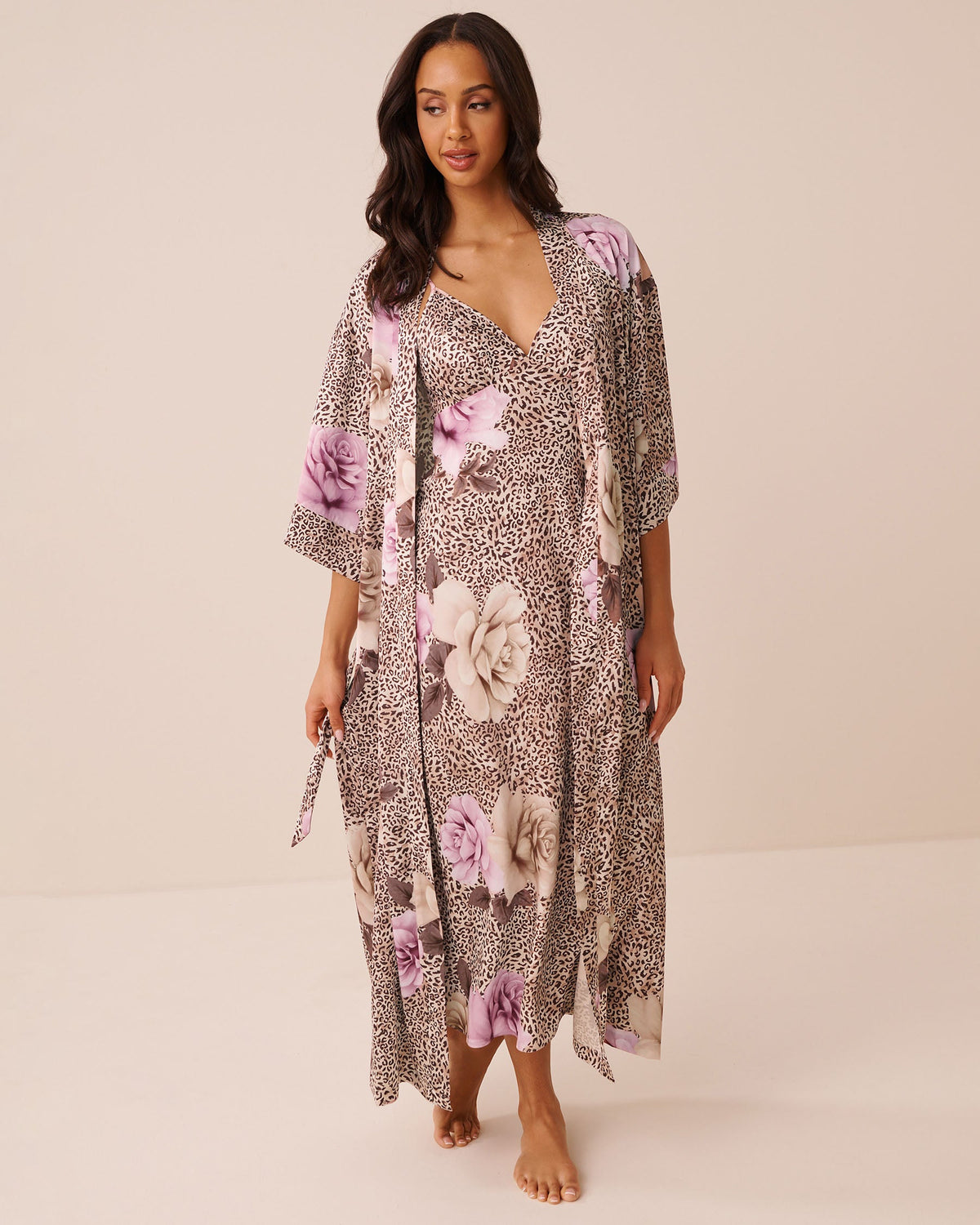 Luxury Edition Floral Leopard Print Satin Long Kimono