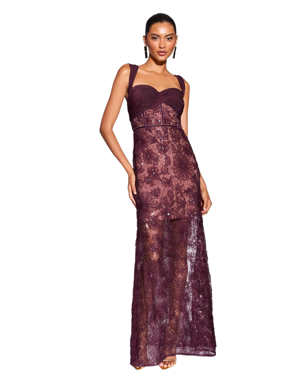 Lipsy Burgundy/Ecru Premium Sequin Embellished Lace Bardot Maxi Dress