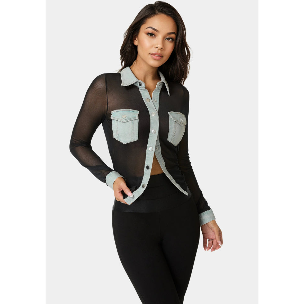 Bebe Button Down Mesh Denim Top