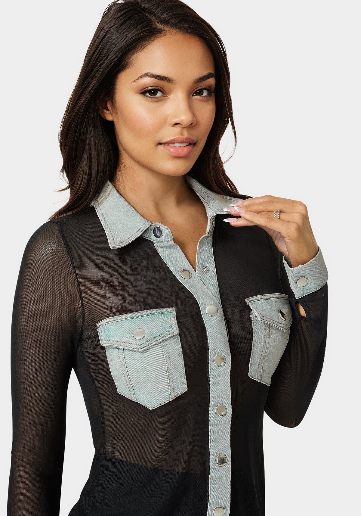 Bebe Button Down Mesh Denim Top