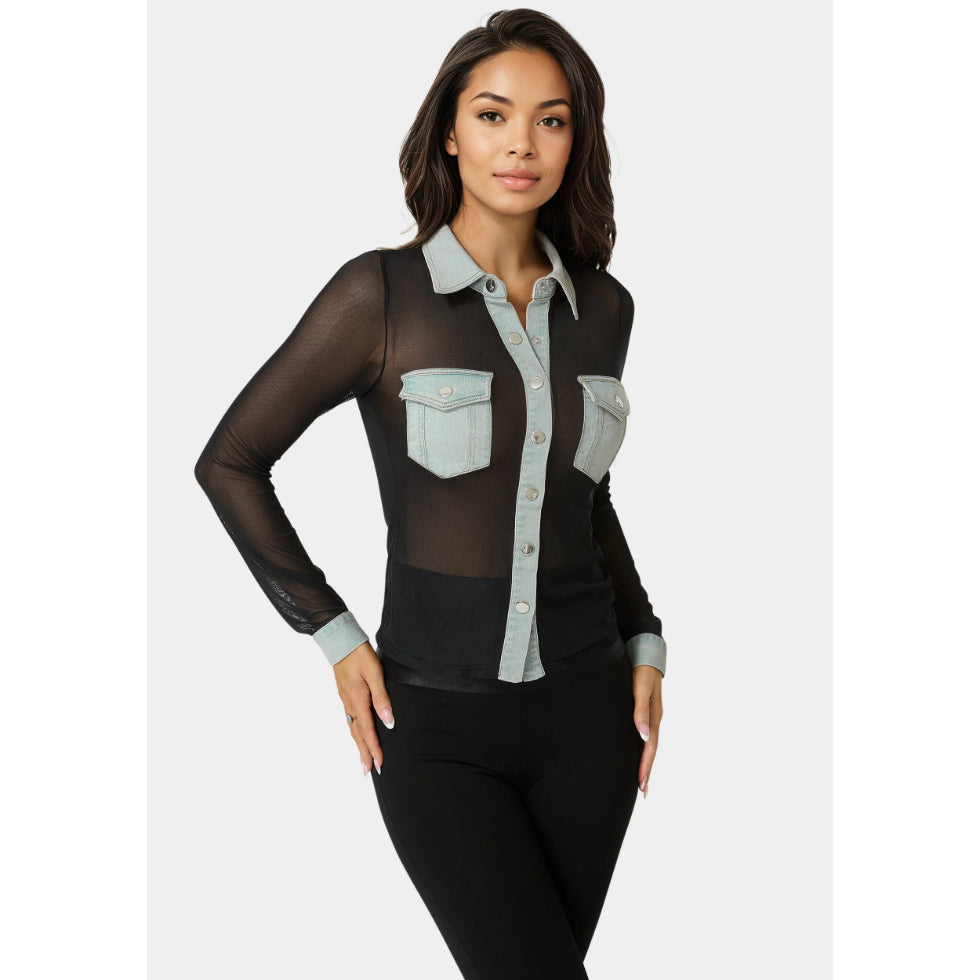 Bebe Button Down Mesh Denim Top