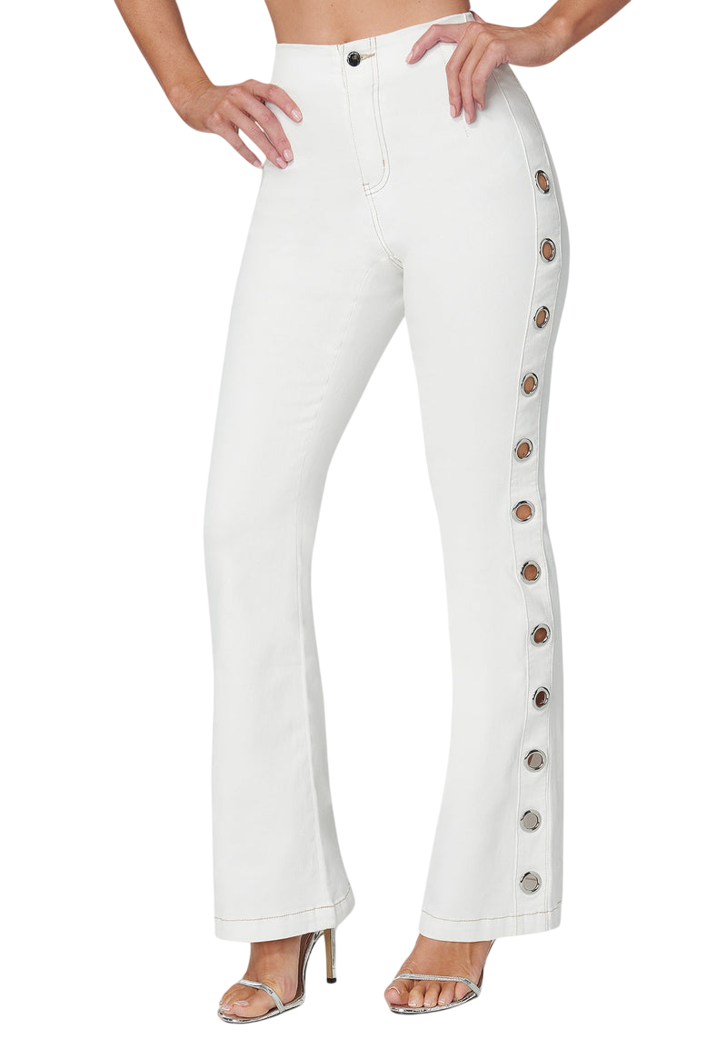 Bebe White High Waist Flared Grommet Jeans