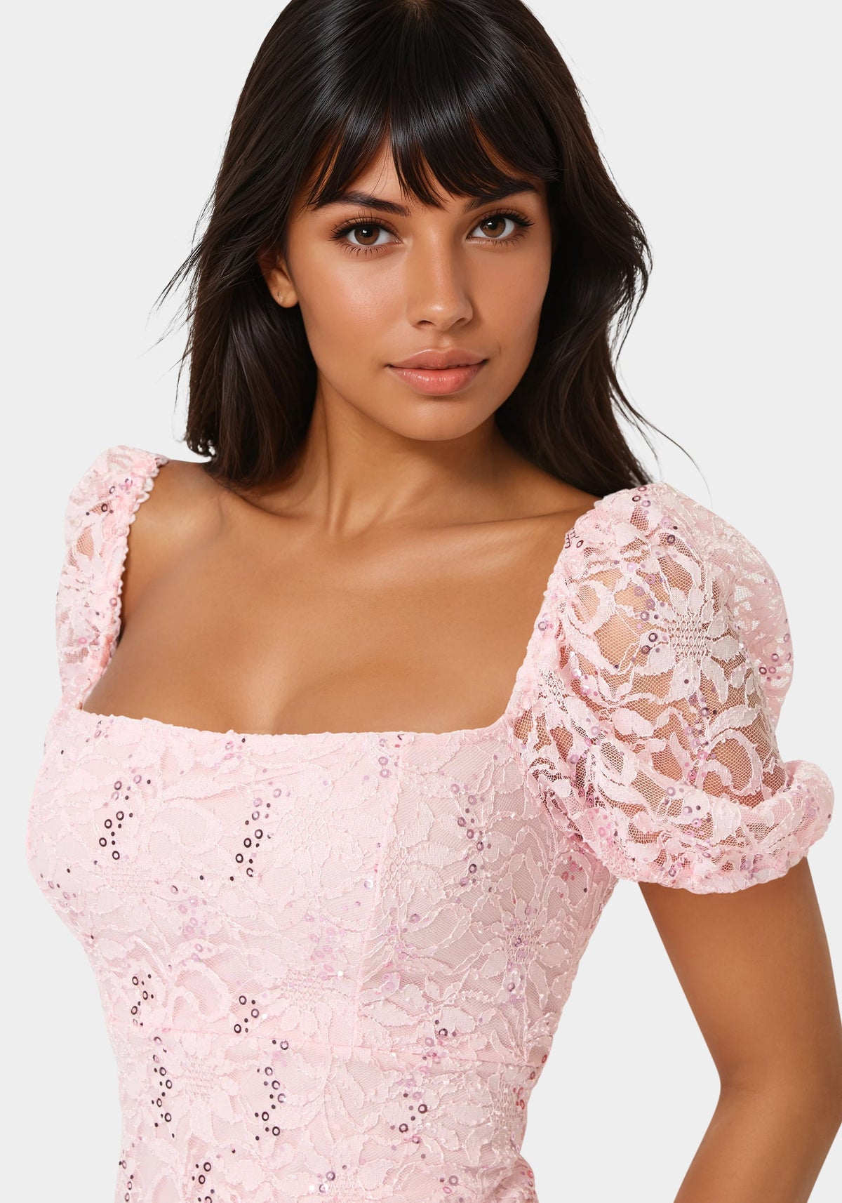 Bebe Lace Slim Dress with Puff Sleeves