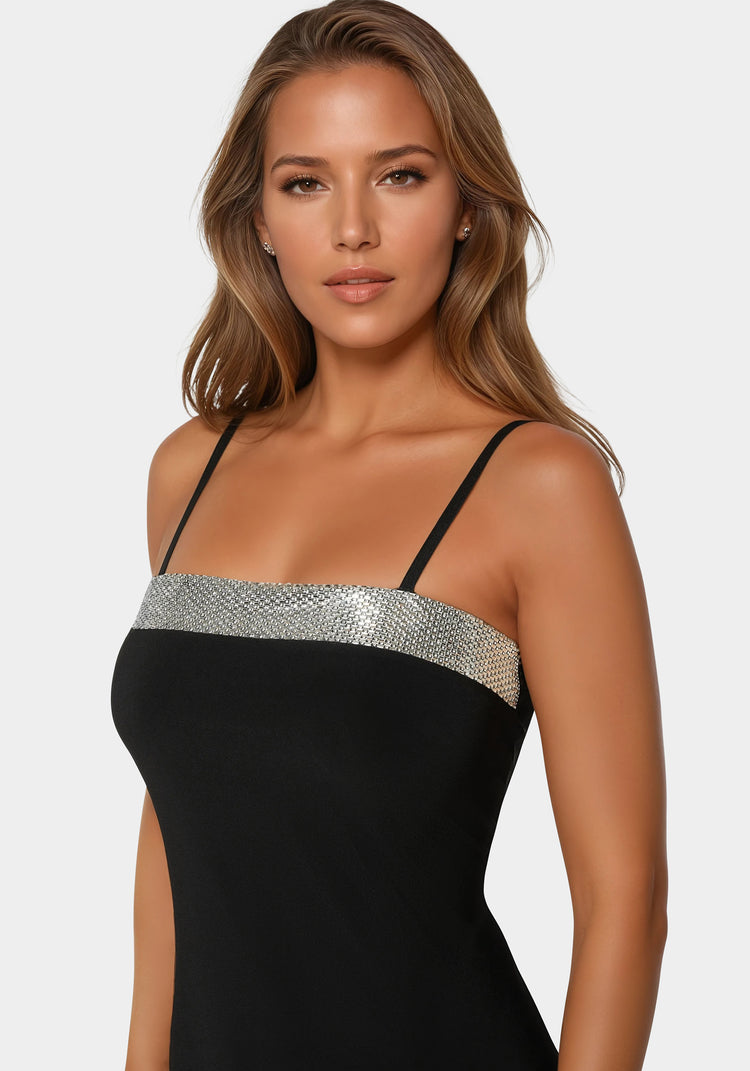 Bebe Rhinestone Trim Jersey Short Dress