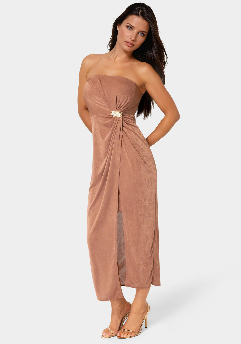 Bebe Strapless Twist Waist Maxi Dress
