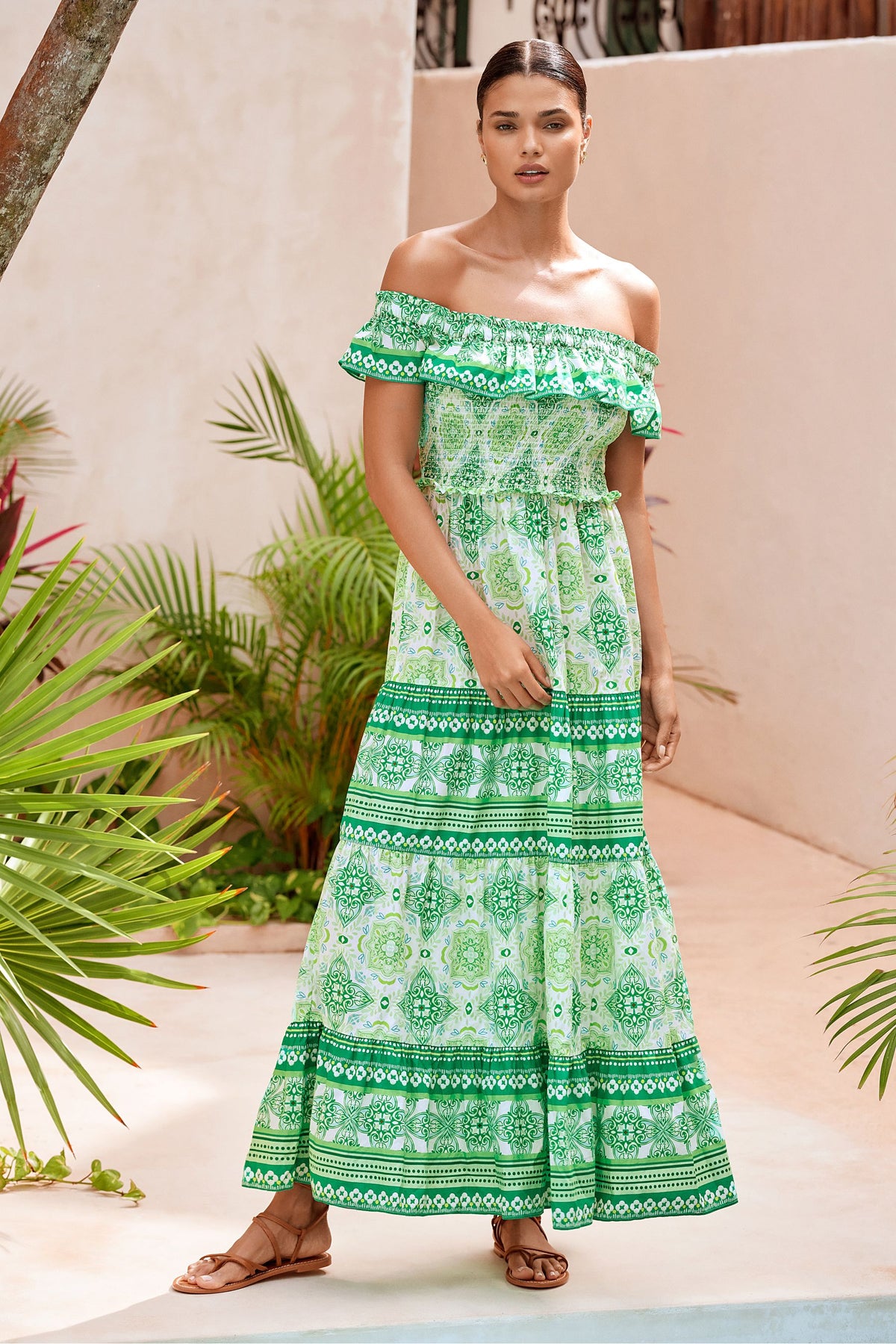 Lipsy London Bardot Printed Shirred Maxi Dress