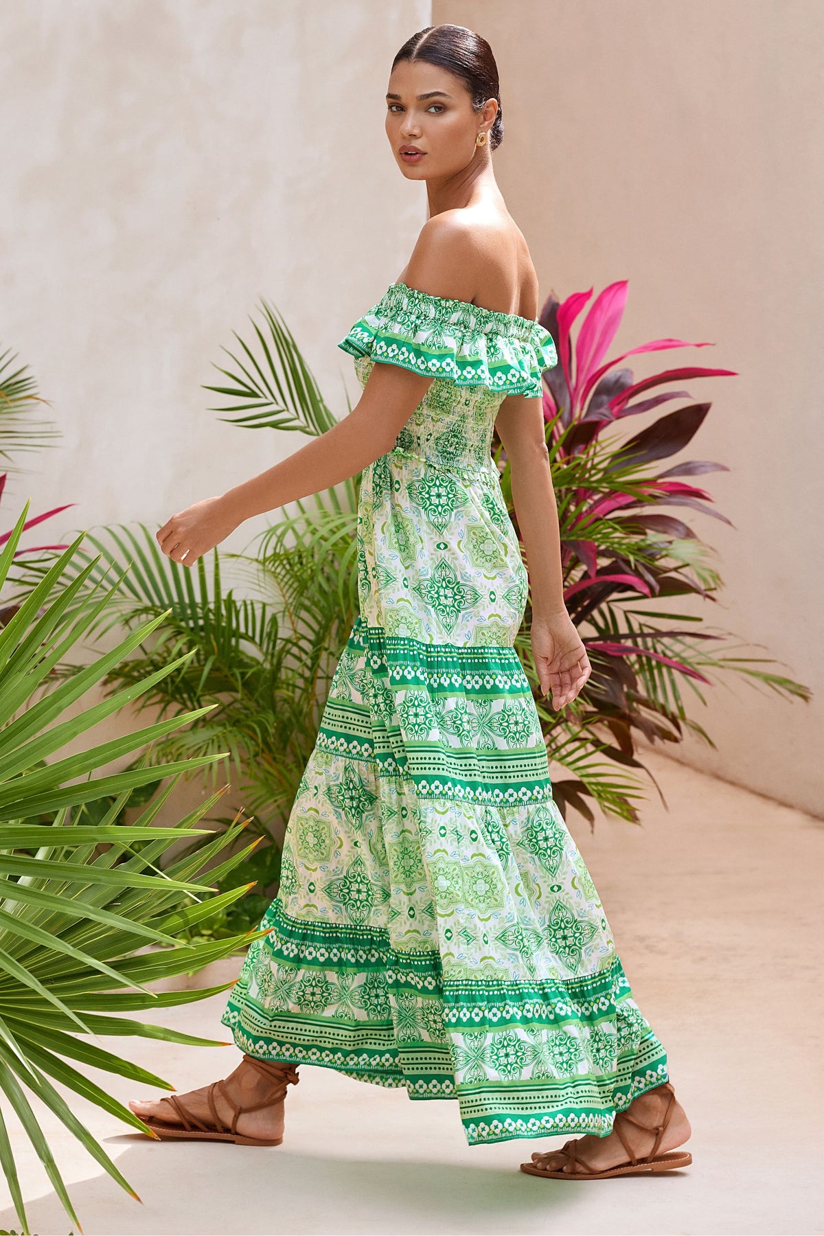 Lipsy London Bardot Printed Shirred Maxi Dress