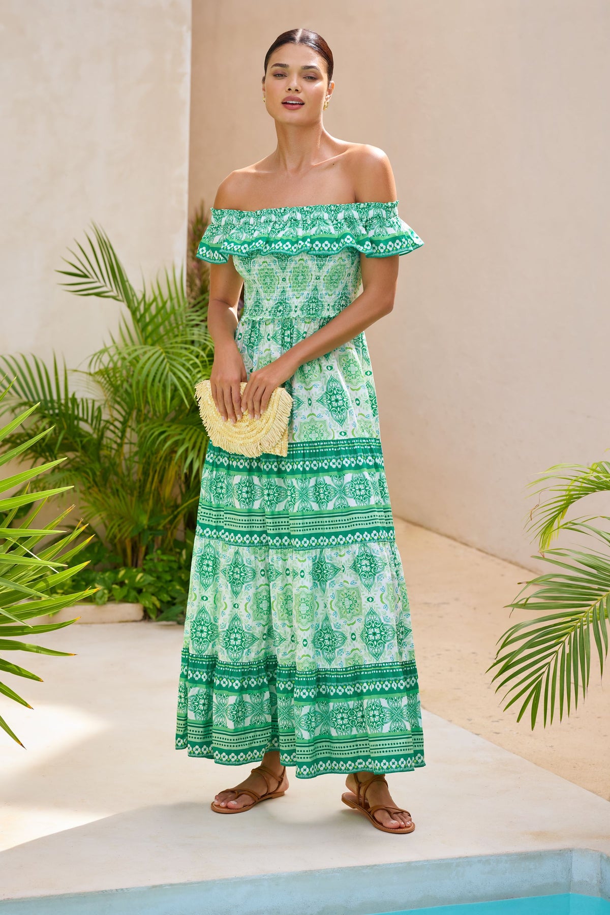 Lipsy London Bardot Printed Shirred Maxi Dress