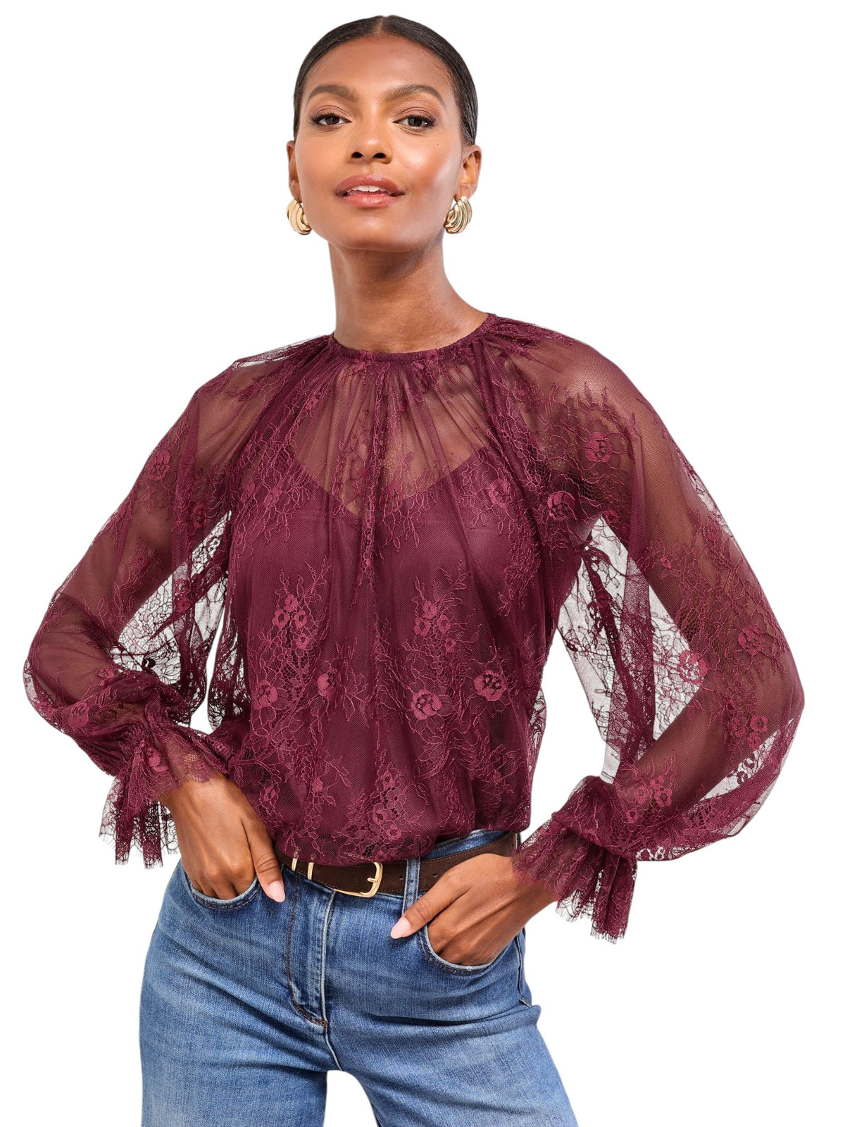 Lipsy Burgundy Red Lace Flared Cuff Blouse