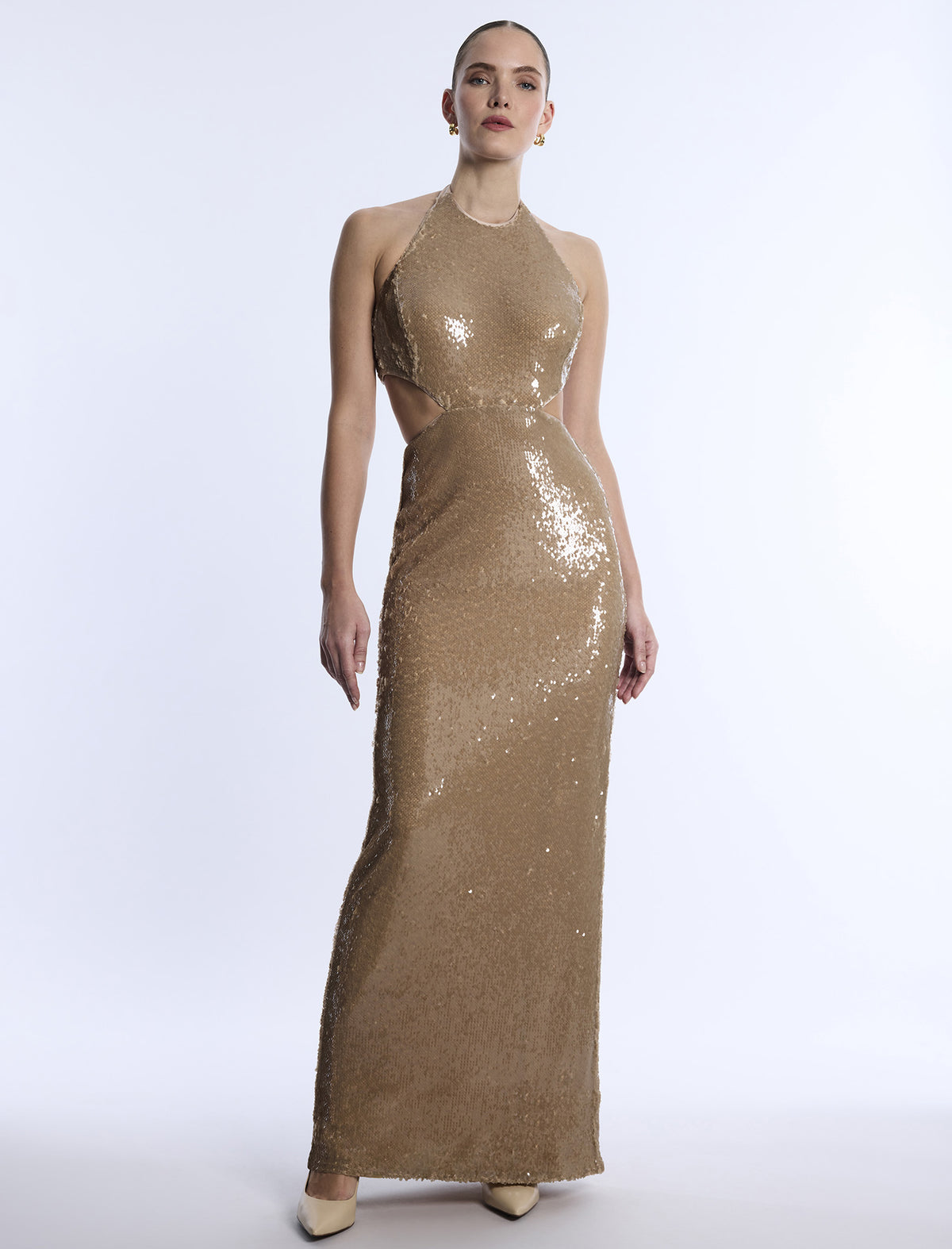 BCBGMAXAZARIA Sequin Cutout Halter Gown