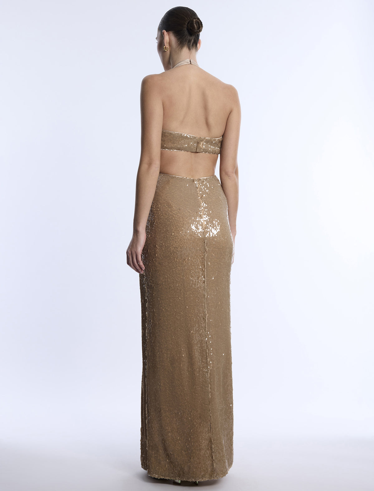 BCBGMAXAZARIA Sequin Cutout Halter Gown