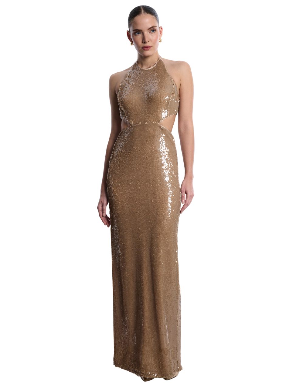 BCBGMAXAZARIA Sequin Cutout Halter Gown