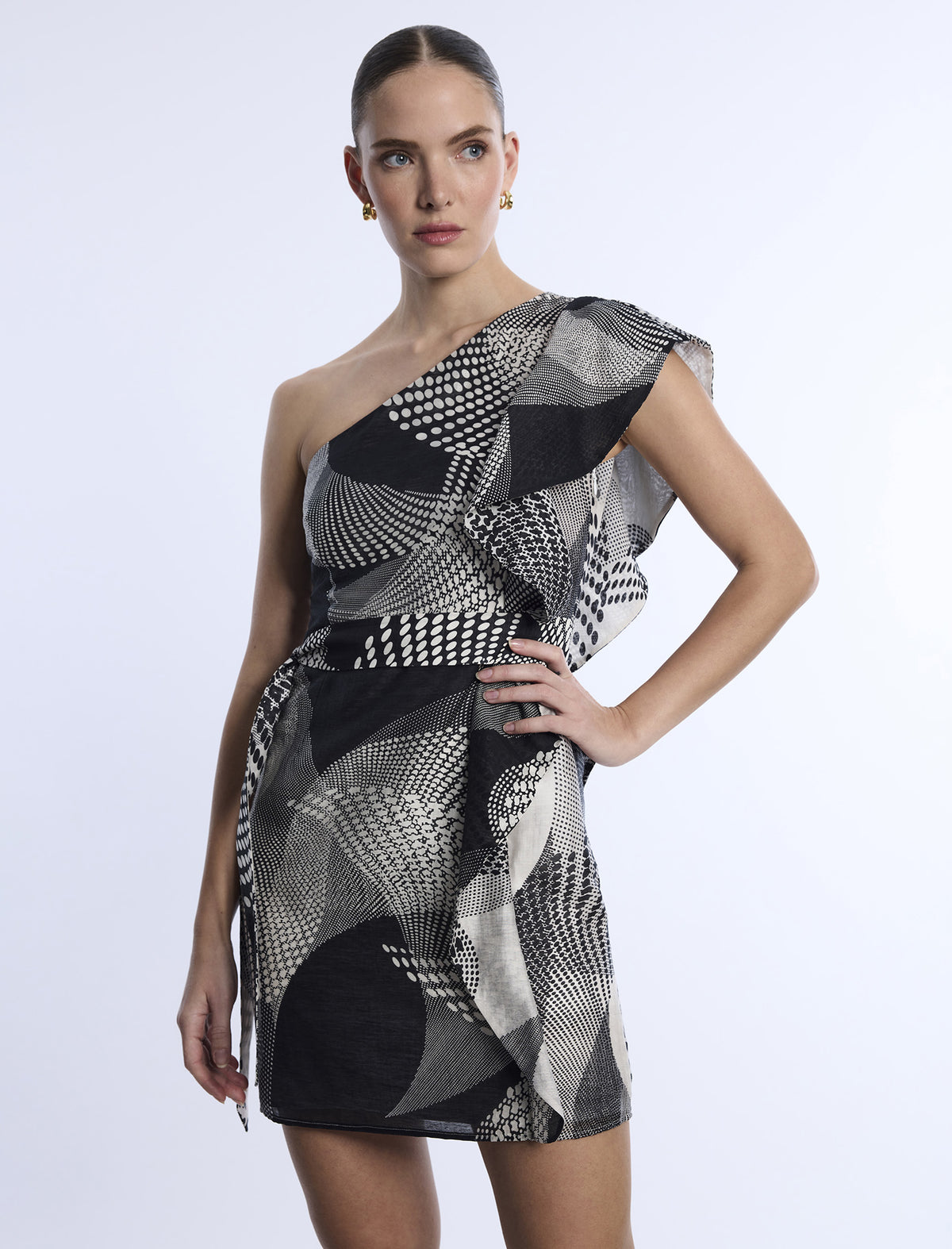 BCBGMAXAZARIA One Shoulder Flounce Mini