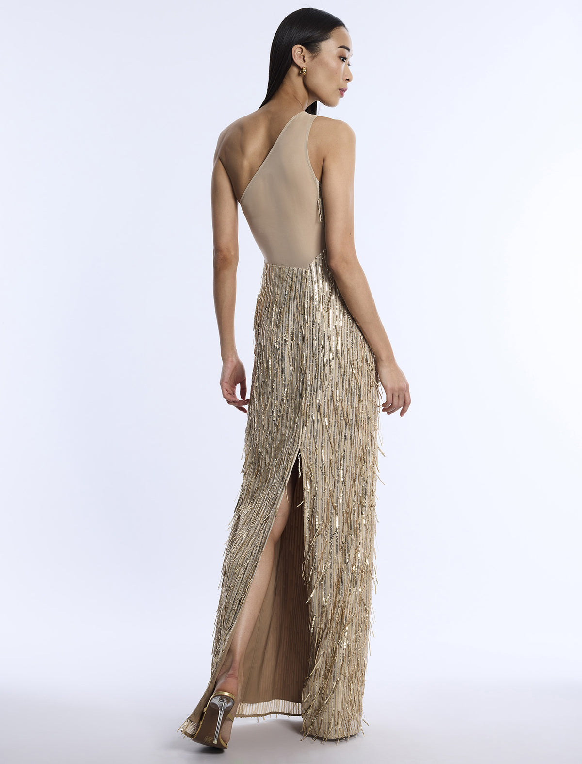 BCBGMAXAZARIA Embellished One Shoulder Gown
