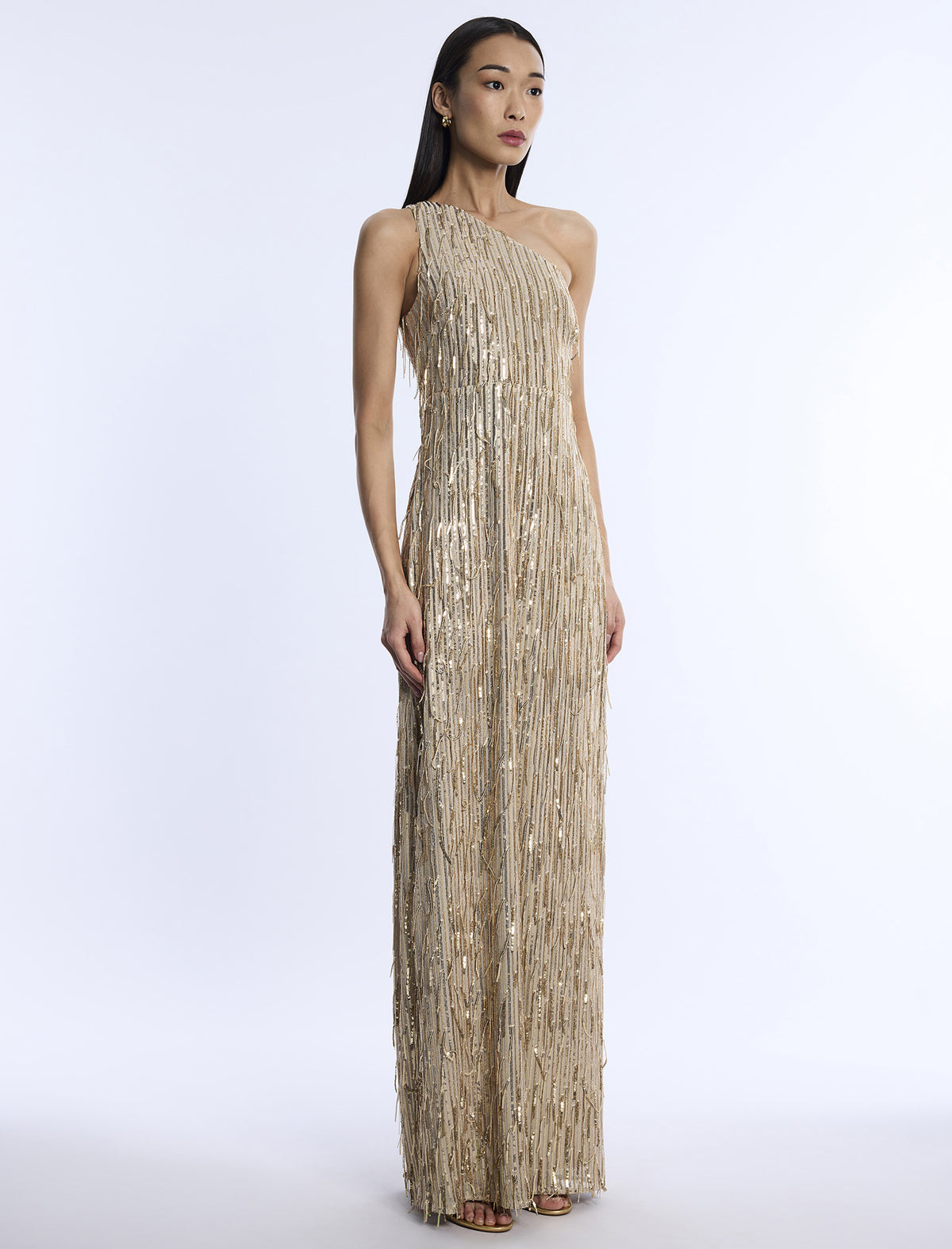 BCBGMAXAZARIA Embellished One Shoulder Gown
