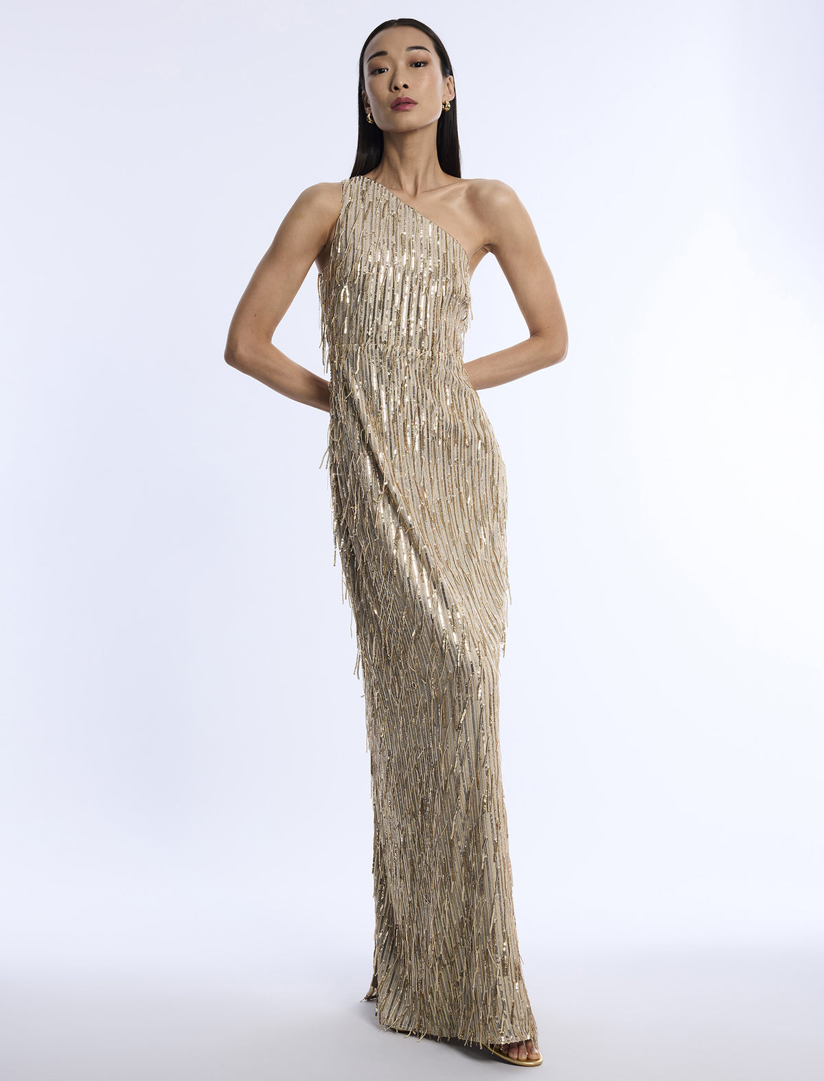BCBGMAXAZARIA Embellished One Shoulder Gown