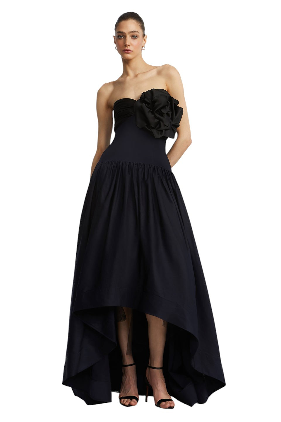 BCBGMAXAZARIA HIGH LOW GOWN WITH FLOWER