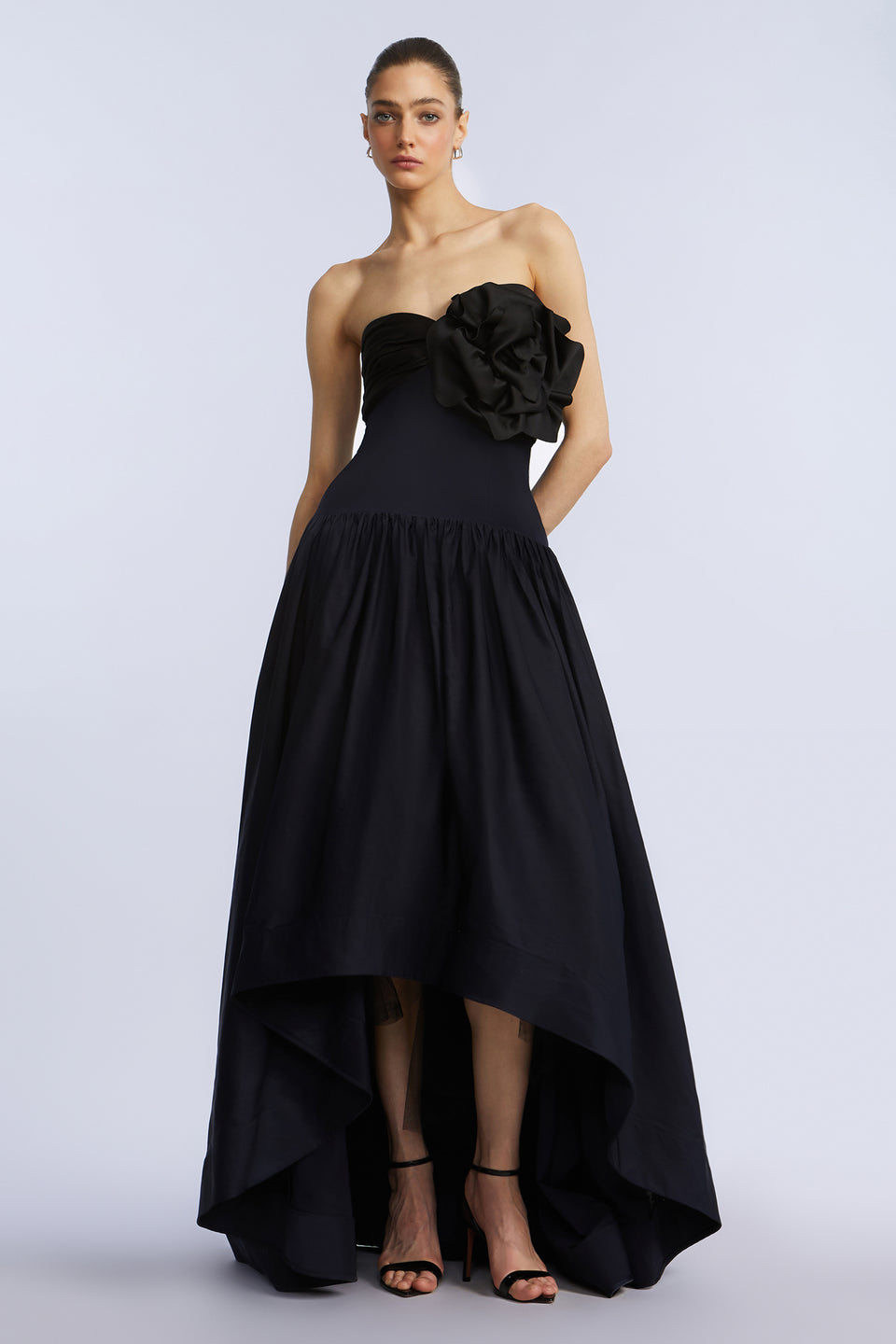 BCBGMAXAZARIA HIGH LOW GOWN WITH FLOWER