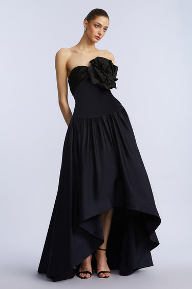 BCBGMAXAZARIA HIGH LOW GOWN WITH FLOWER