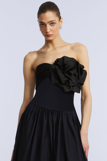 BCBGMAXAZARIA HIGH LOW GOWN WITH FLOWER