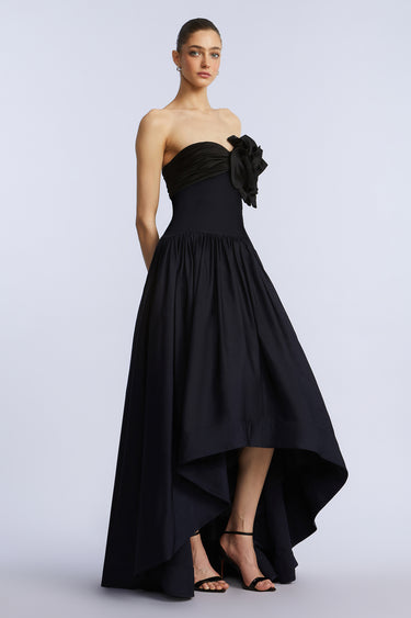 BCBGMAXAZARIA HIGH LOW GOWN WITH FLOWER