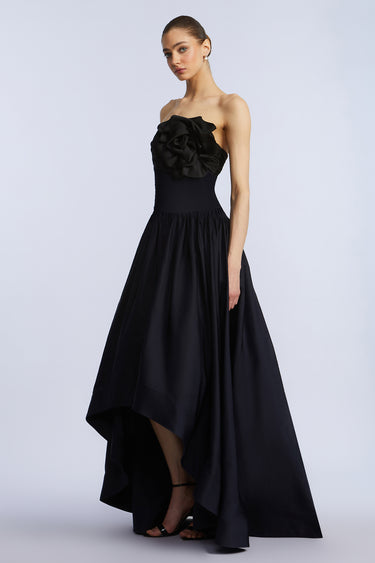 BCBGMAXAZARIA HIGH LOW GOWN WITH FLOWER