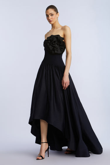 BCBGMAXAZARIA HIGH LOW GOWN WITH FLOWER
