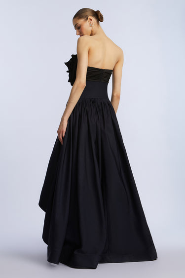 BCBGMAXAZARIA HIGH LOW GOWN WITH FLOWER