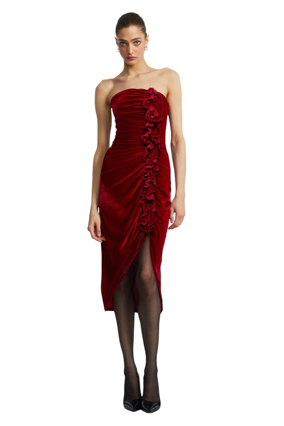 BCBGMAXAZARIA Strapless Velvet Ruffle Dress