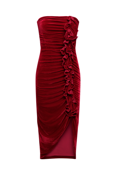 BCBGMAXAZARIA Strapless Velvet Ruffle Dress