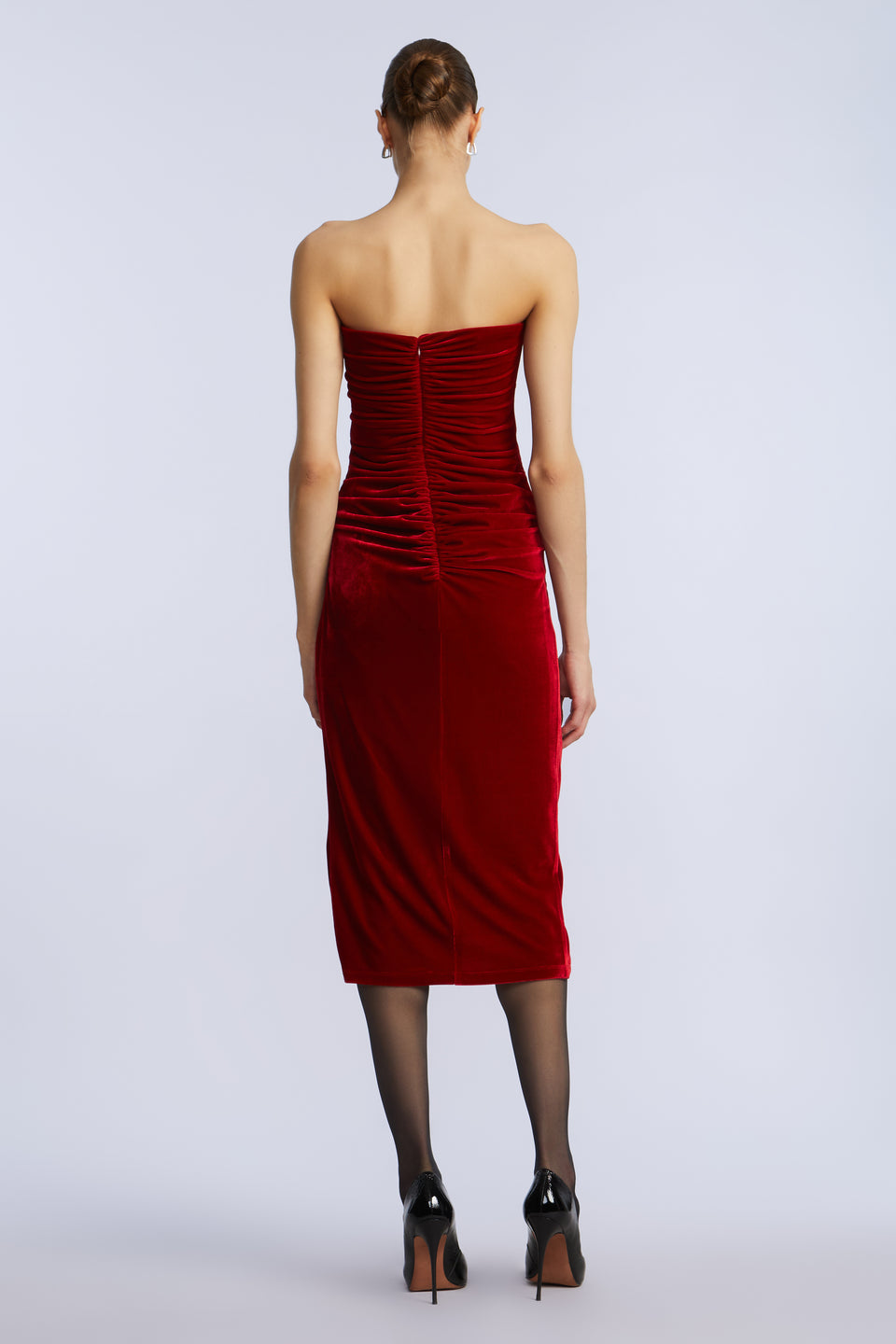 BCBGMAXAZARIA Strapless Velvet Ruffle Dress