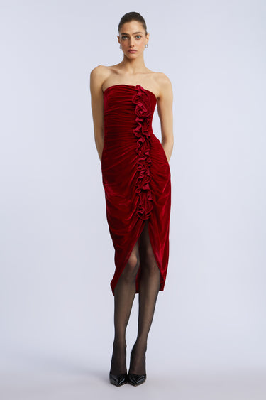 BCBGMAXAZARIA Strapless Velvet Ruffle Dress