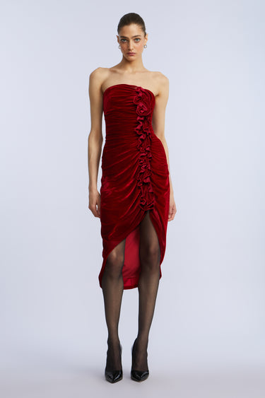 BCBGMAXAZARIA Strapless Velvet Ruffle Dress