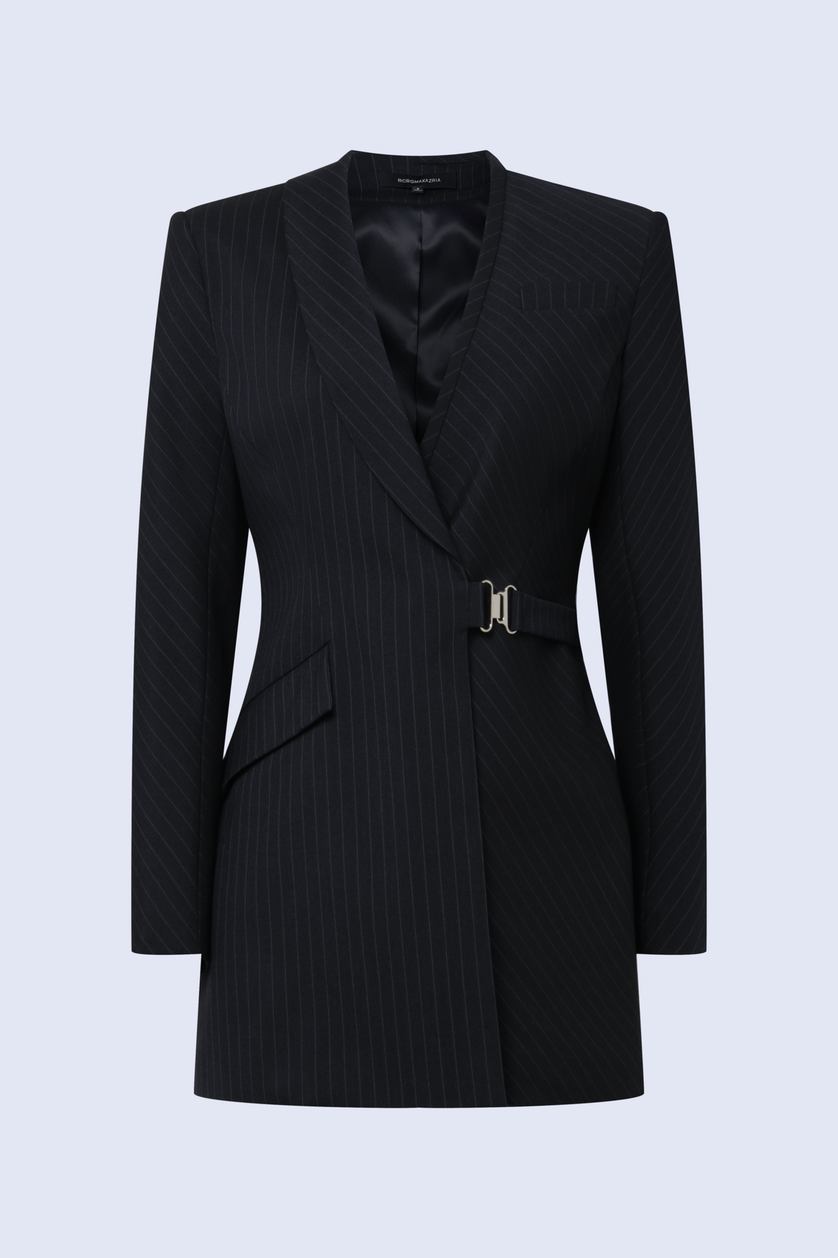 BCBGMAXAZARIA Pinstripe wrap Molly Dress tailored with a structured hand