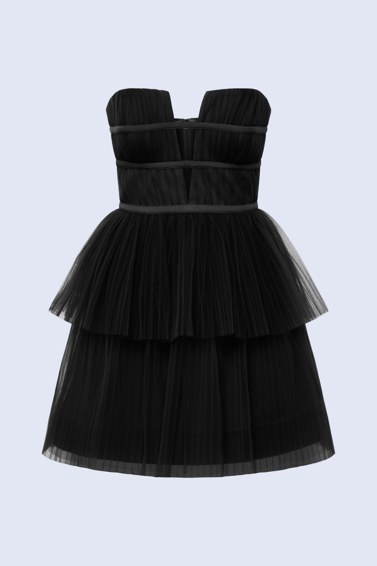 BCBGMAXAZARIA Kristen Dress Strapless tulle mini dress layered with soft tiers for a dimensional finish.