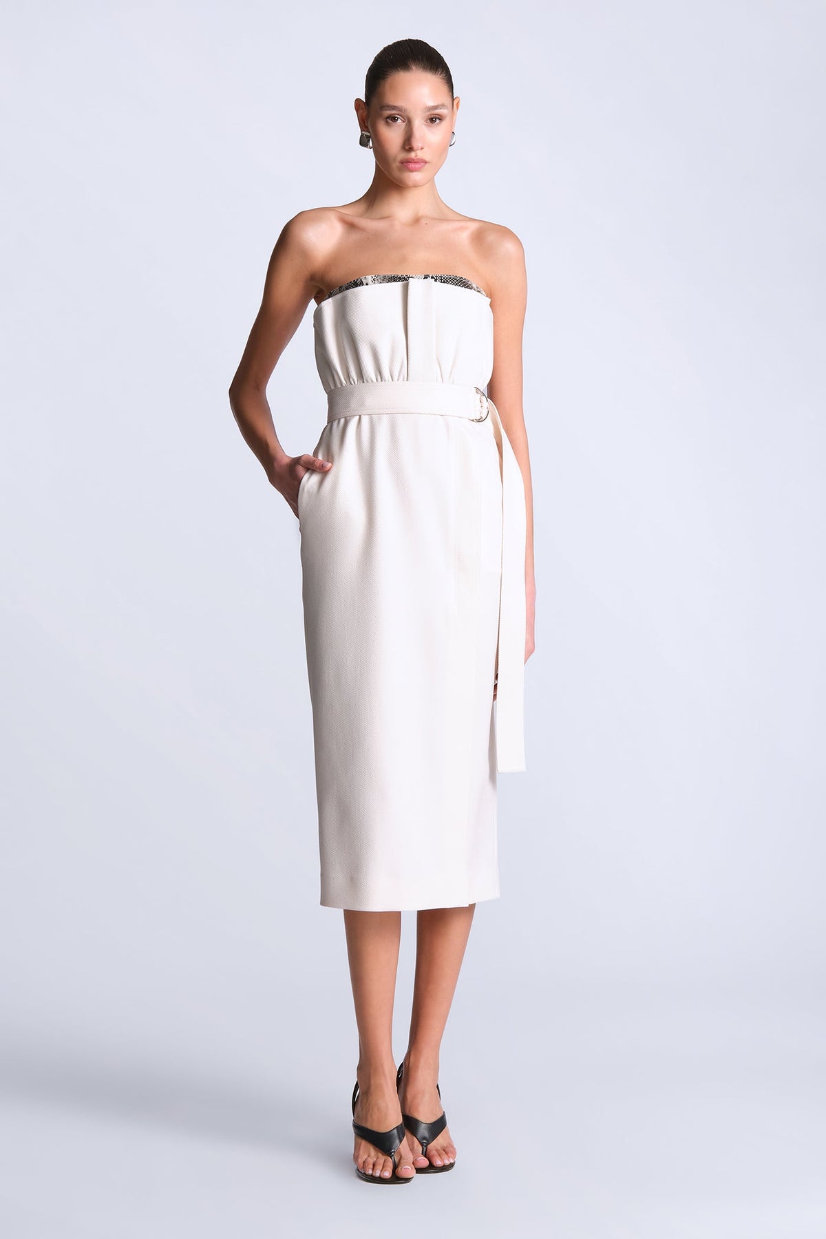 BCBGMAXAZARIA Kate Dress Strapless wrap midi in structured textured fabric