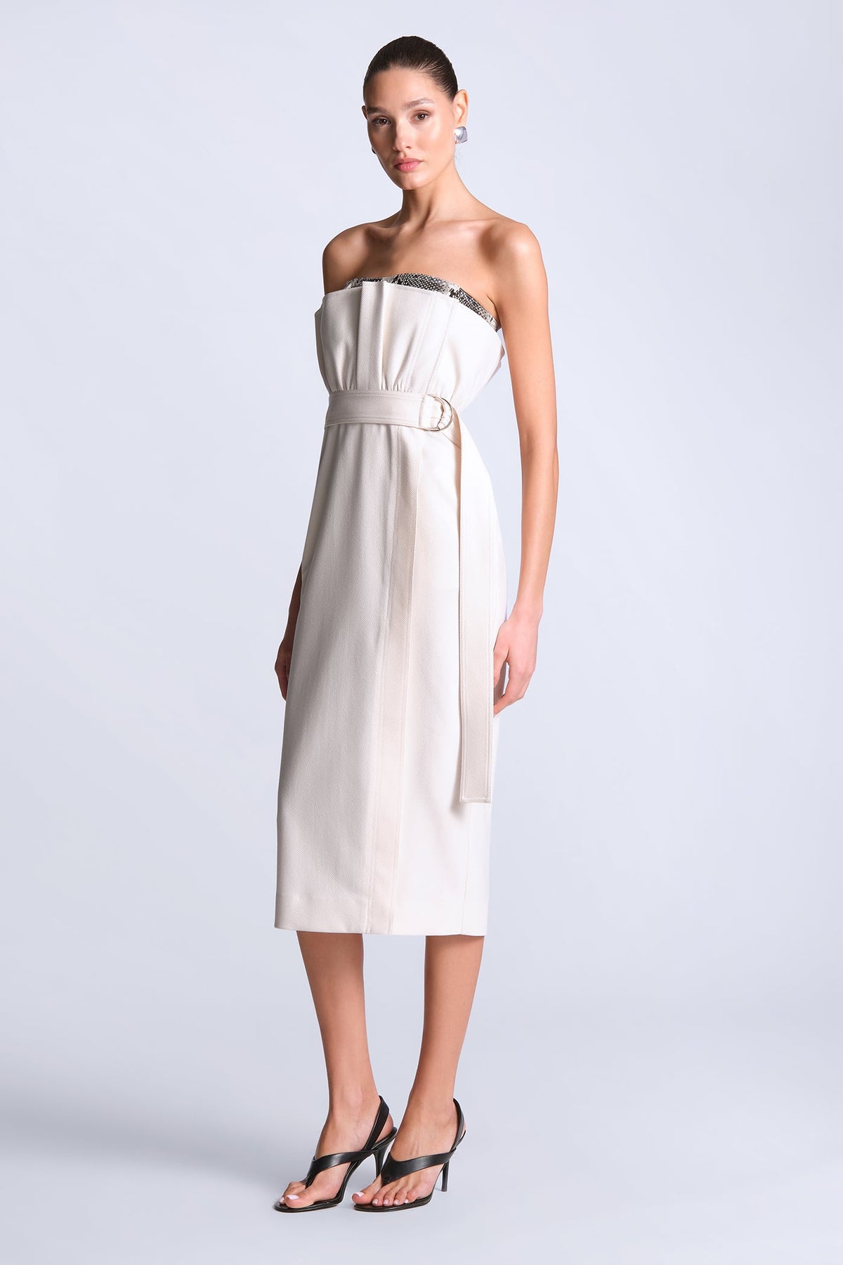 BCBGMAXAZARIA Kate Dress Strapless wrap midi in structured textured fabric