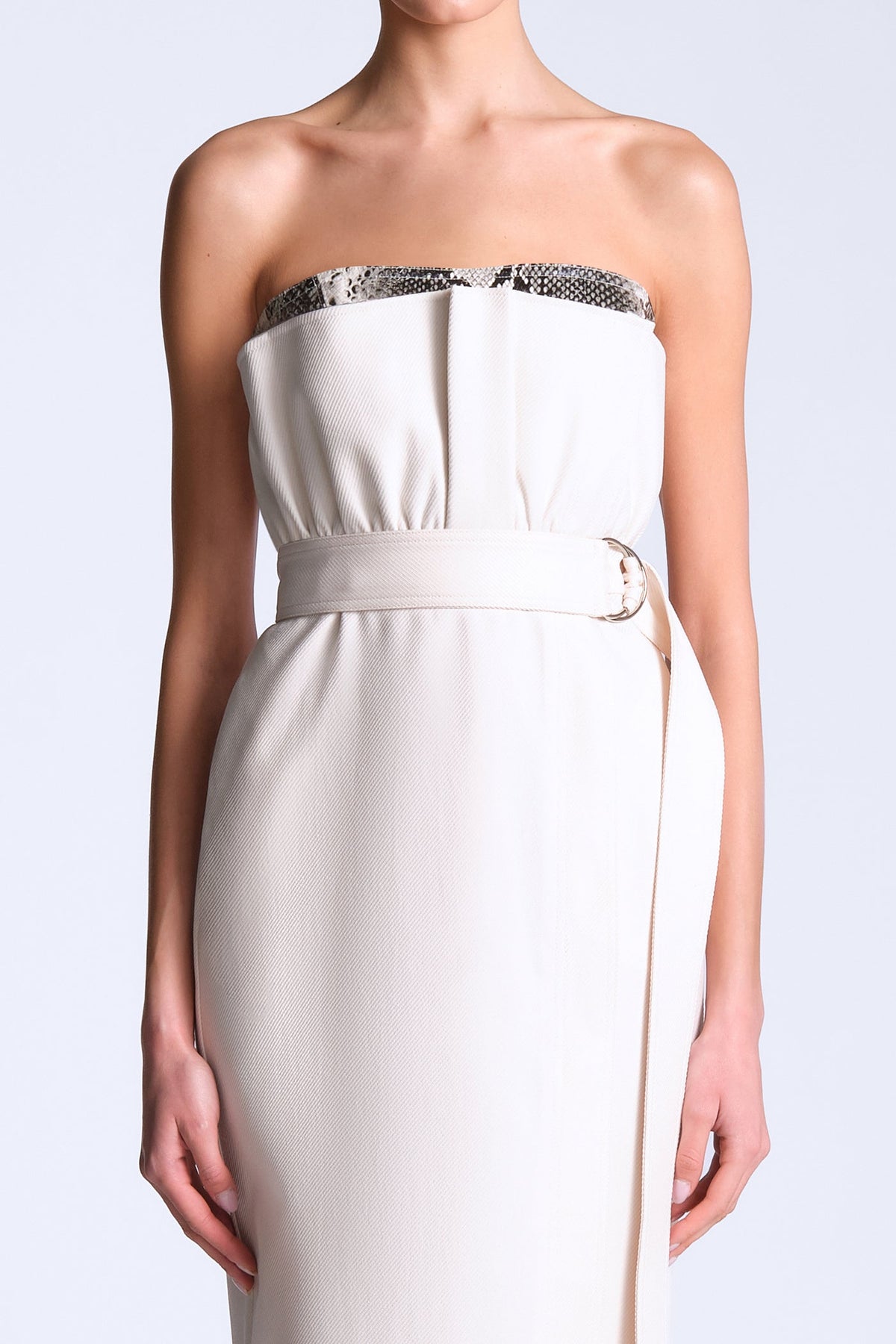 BCBGMAXAZARIA Kate Dress Strapless wrap midi in structured textured fabric