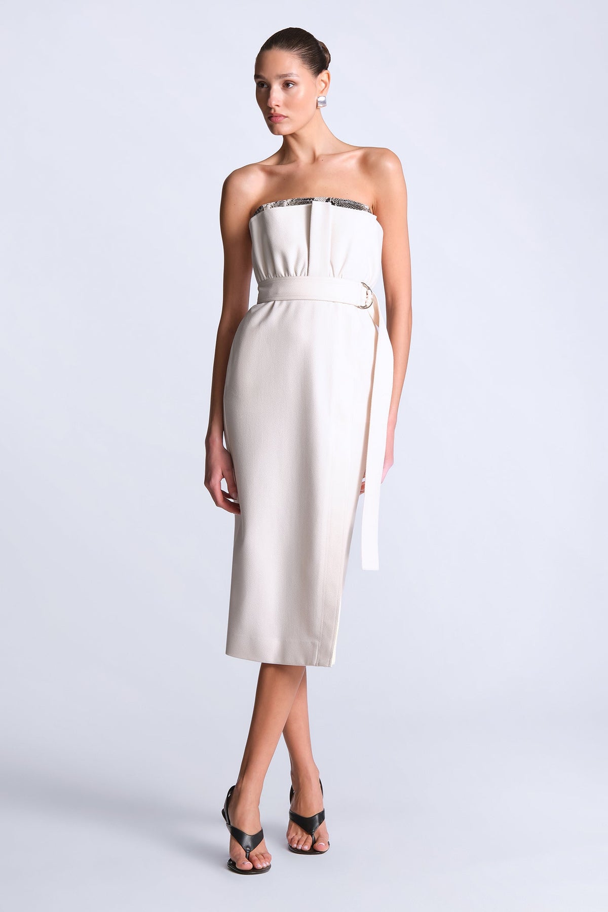 BCBGMAXAZARIA Kate Dress Strapless wrap midi in structured textured fabric