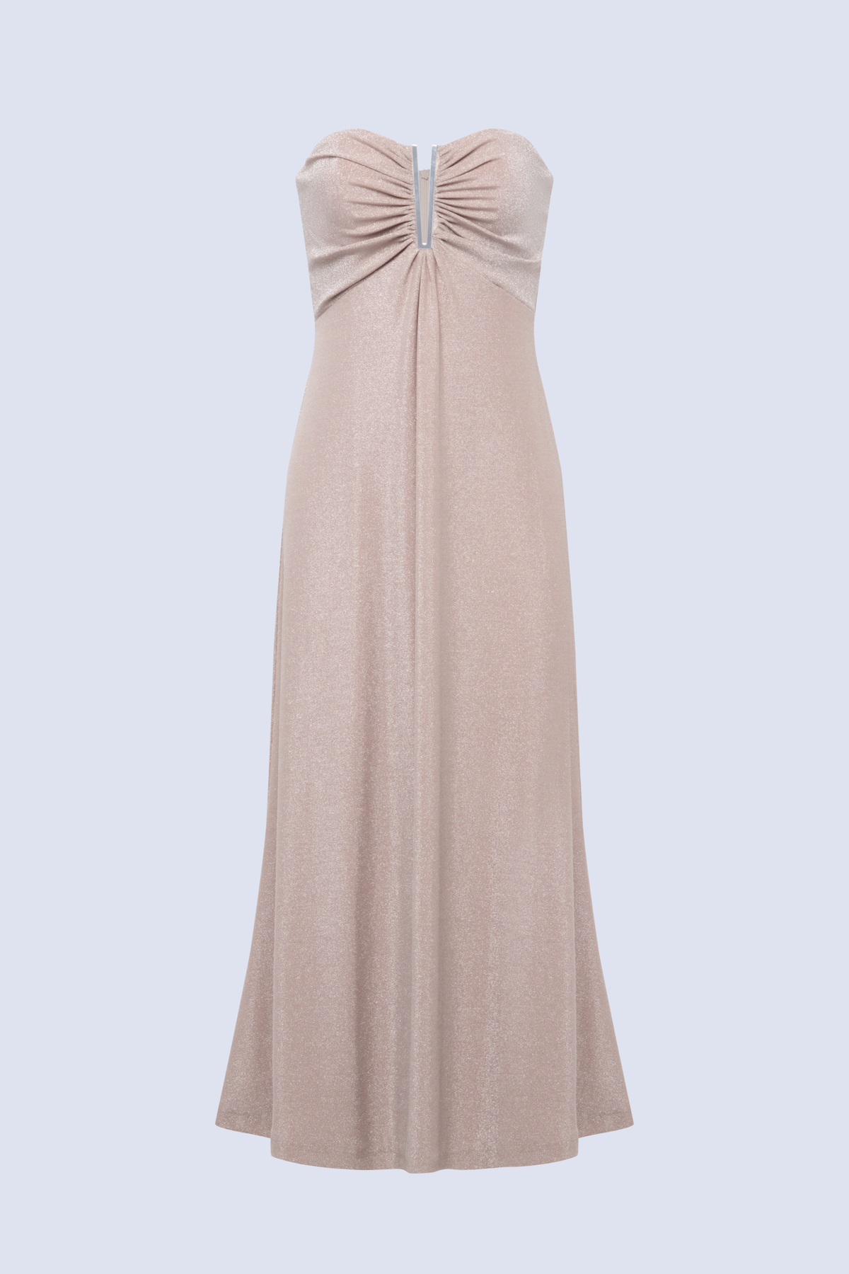BCBGMAXAZARIA Lola Dress Champagne metallic-knit dress featuring an ankle-length silhouette with an airy fluid flare.