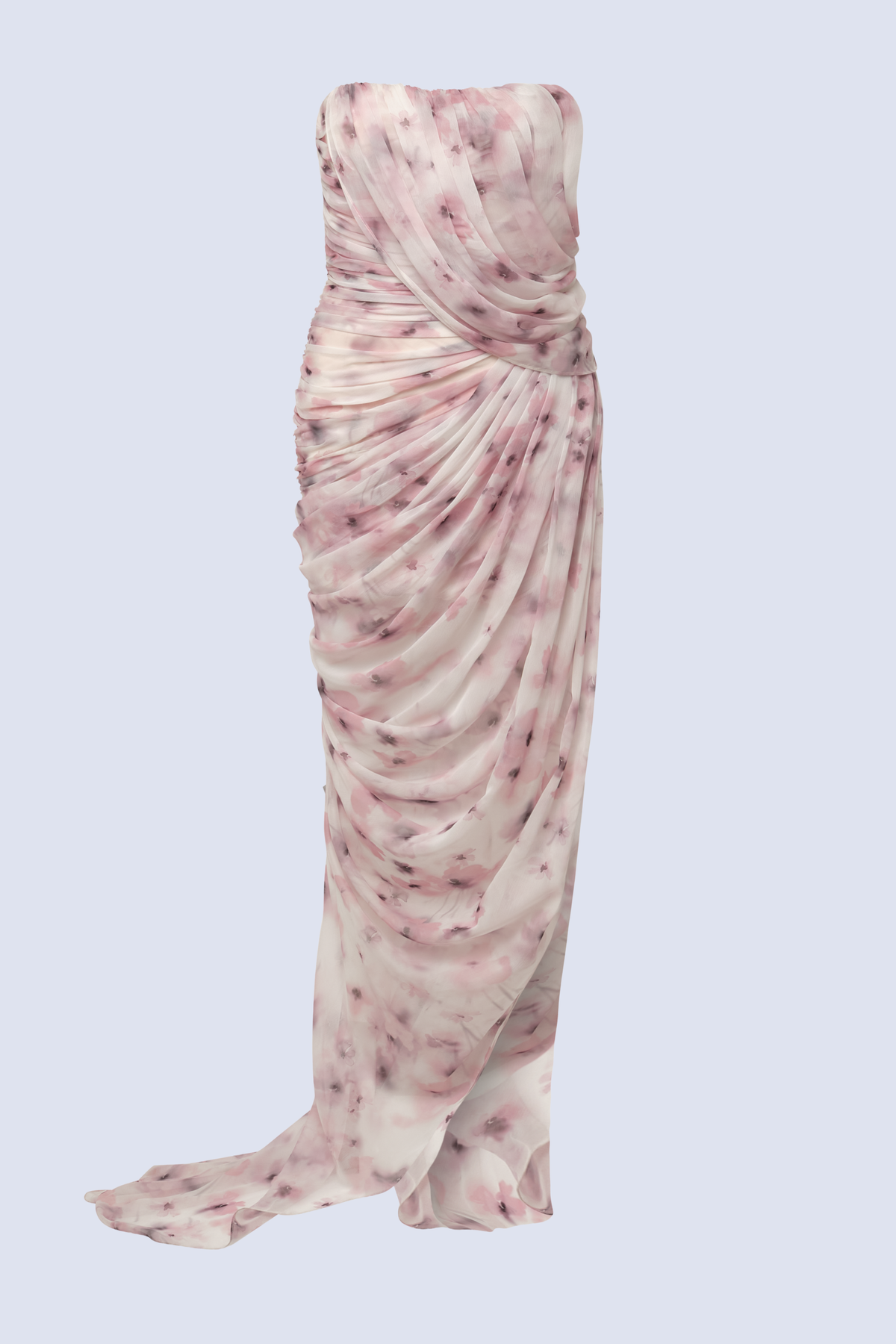 BCBGMAXAZARIA Isabella Printed Gown Draped printed in sheer chiffon with a soft fluid hand and a blurred floral wash.