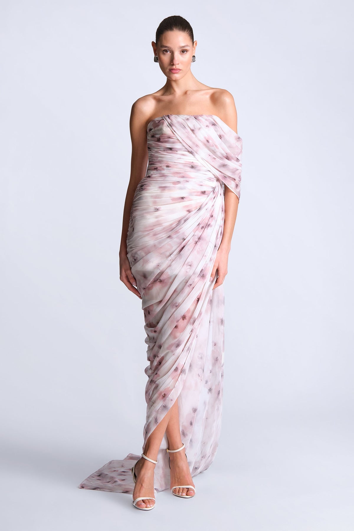 BCBGMAXAZARIA Isabella Printed Gown Draped printed in sheer chiffon with a soft fluid hand and a blurred floral wash.