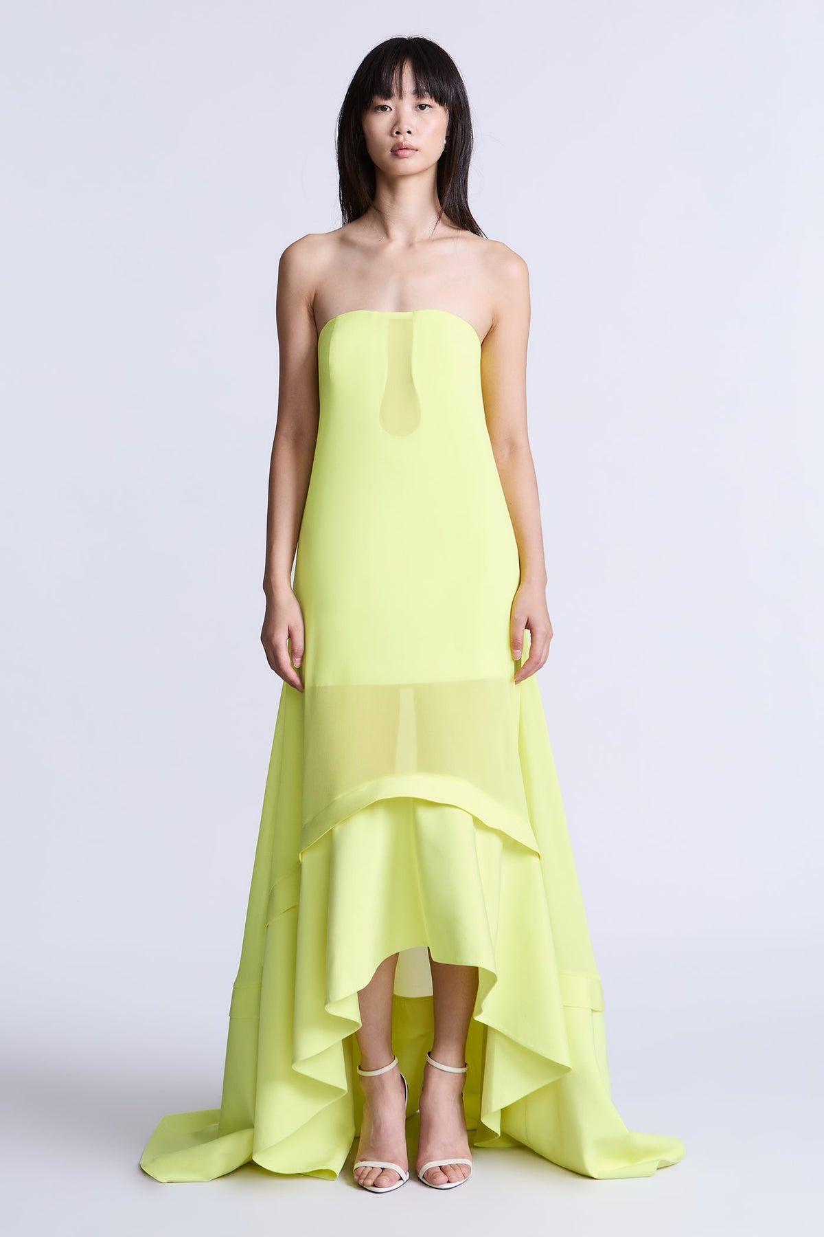 BCBGMAXAZARIA Farrah Gown Sheer chartreuse chiffon crafted with a luminous, weightless drape.