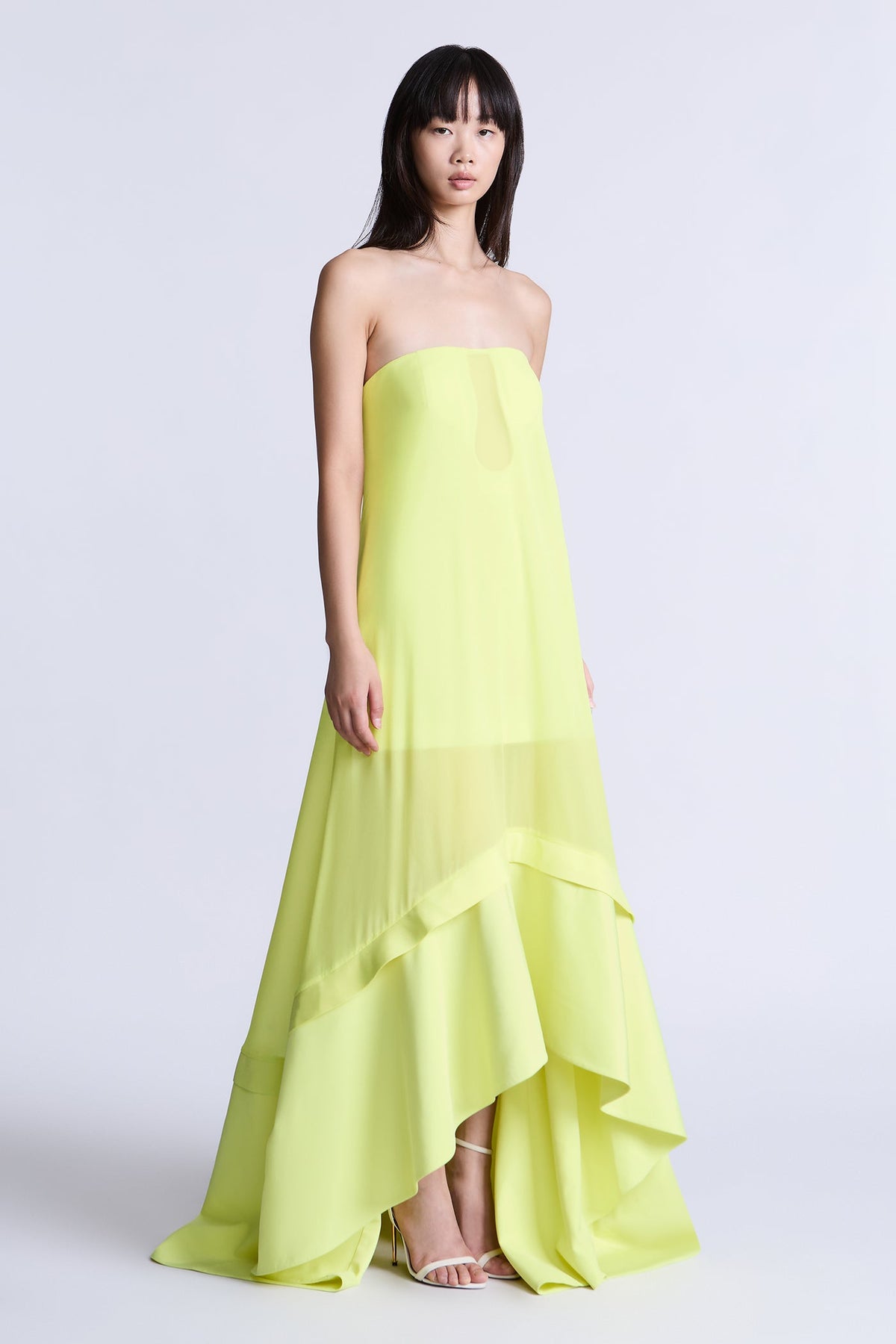 BCBGMAXAZARIA Farrah Gown Sheer chartreuse chiffon crafted with a luminous, weightless drape.