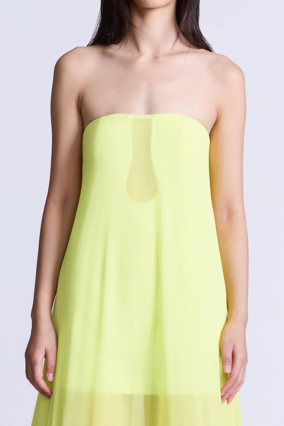 BCBGMAXAZARIA Farrah Gown Sheer chartreuse chiffon crafted with a luminous, weightless drape.