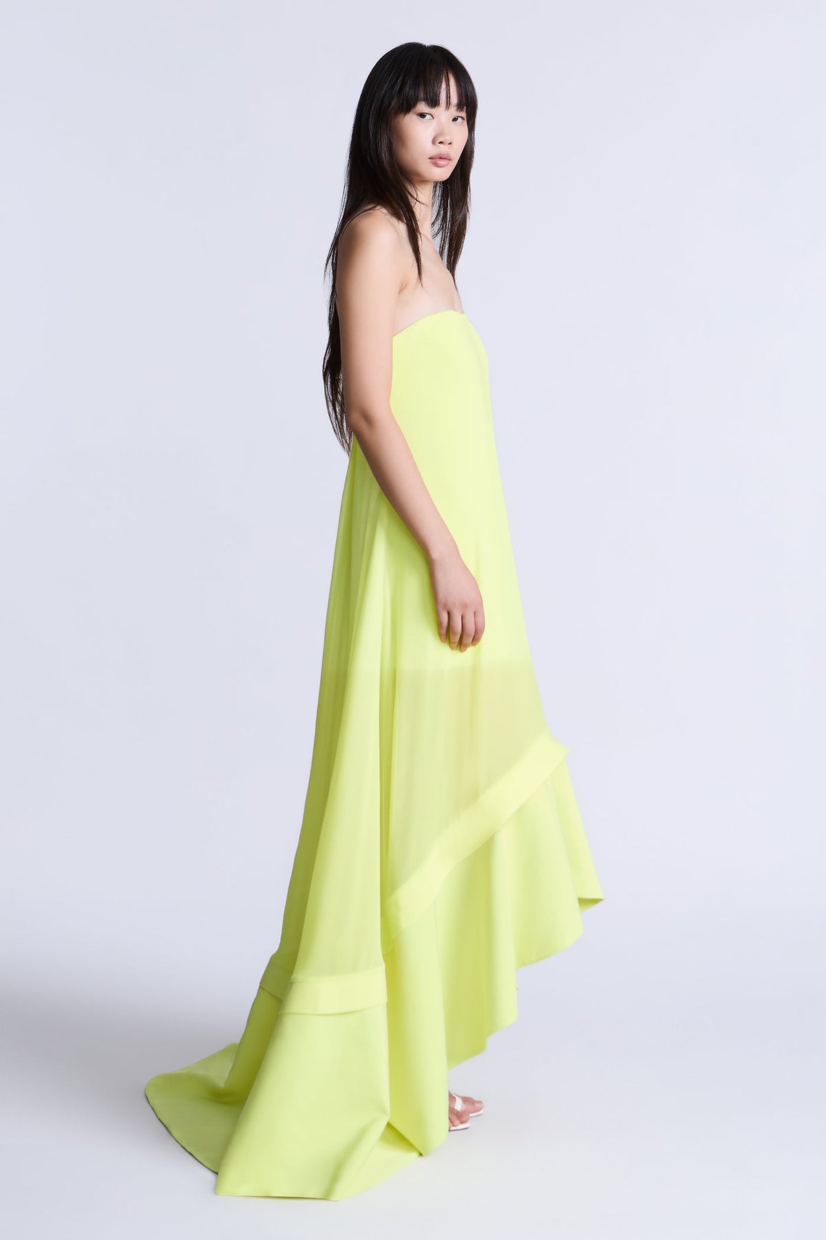 BCBGMAXAZARIA Farrah Gown Sheer chartreuse chiffon crafted with a luminous, weightless drape.